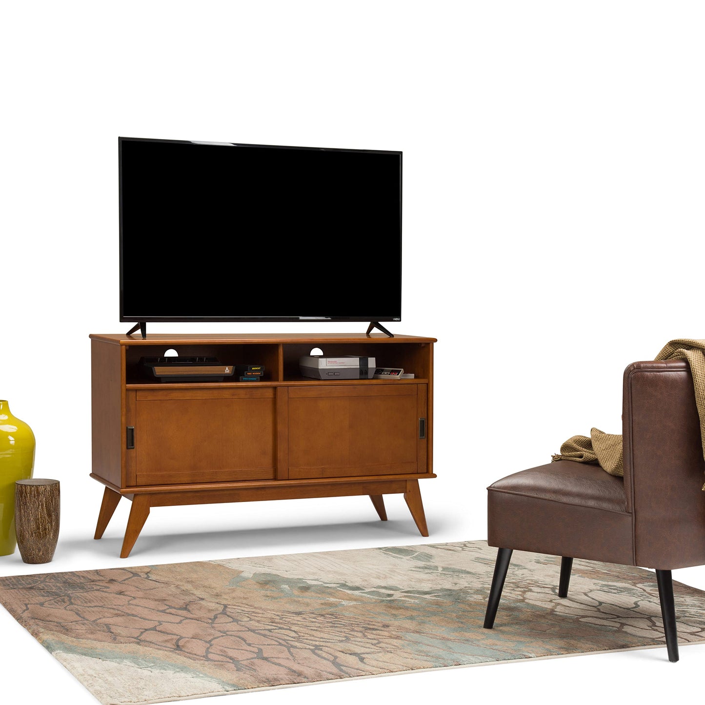 SIMPLIHOME Draper TV Stand - 54 inch Wide Solid Wood Tall Media Console in Teak Brown, Mid Century Modern Entertainment Center for Living Room for TVs up to 60 Inches with Shelves and Cable Management