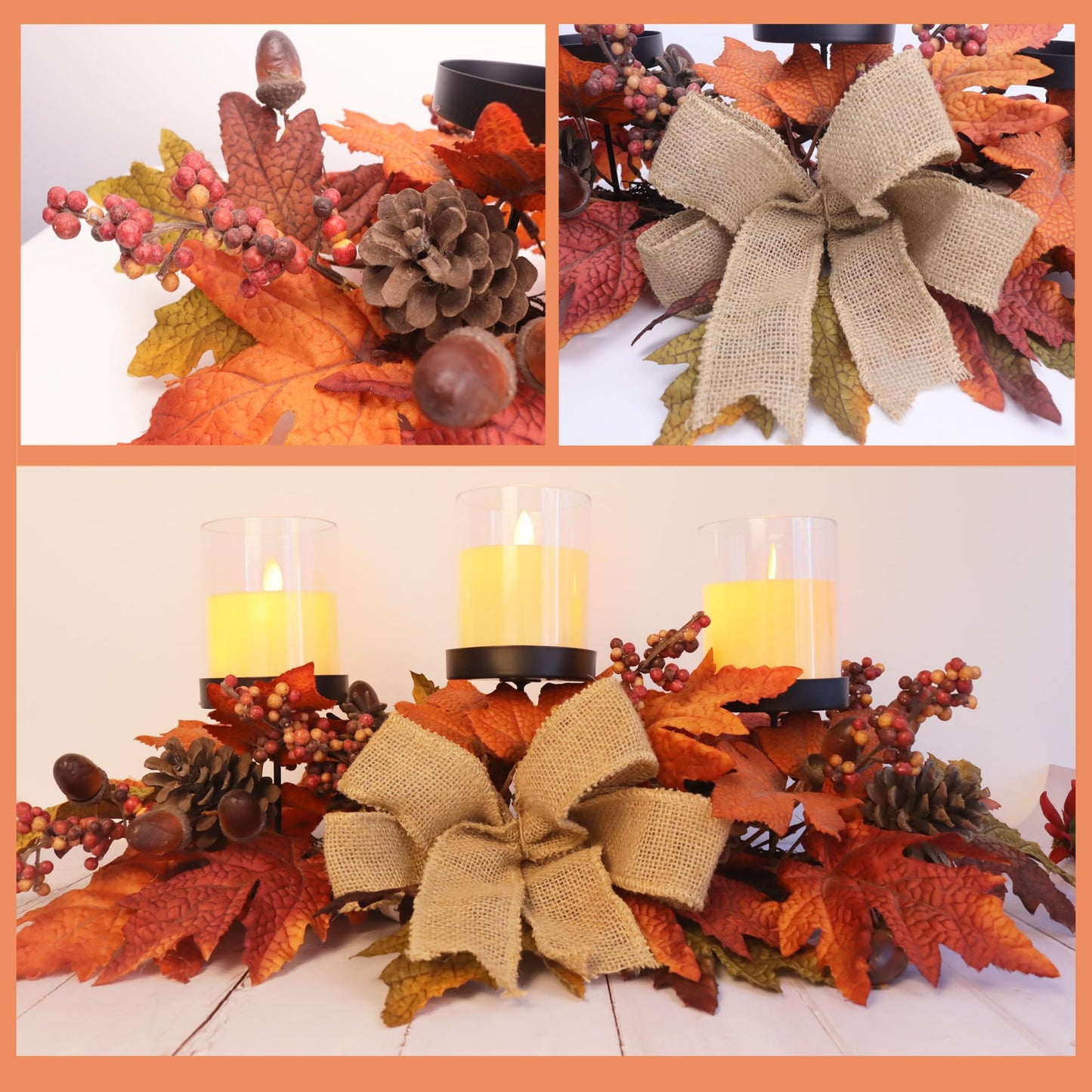 Fall Candle Holder Centerpiece with Maple Leaves, Pinecones, Berries & Burlap Bow,Thanksgiving Table Centerpiece Decoration for Dining Table, Mantel & Autumn Harvest Home Décor