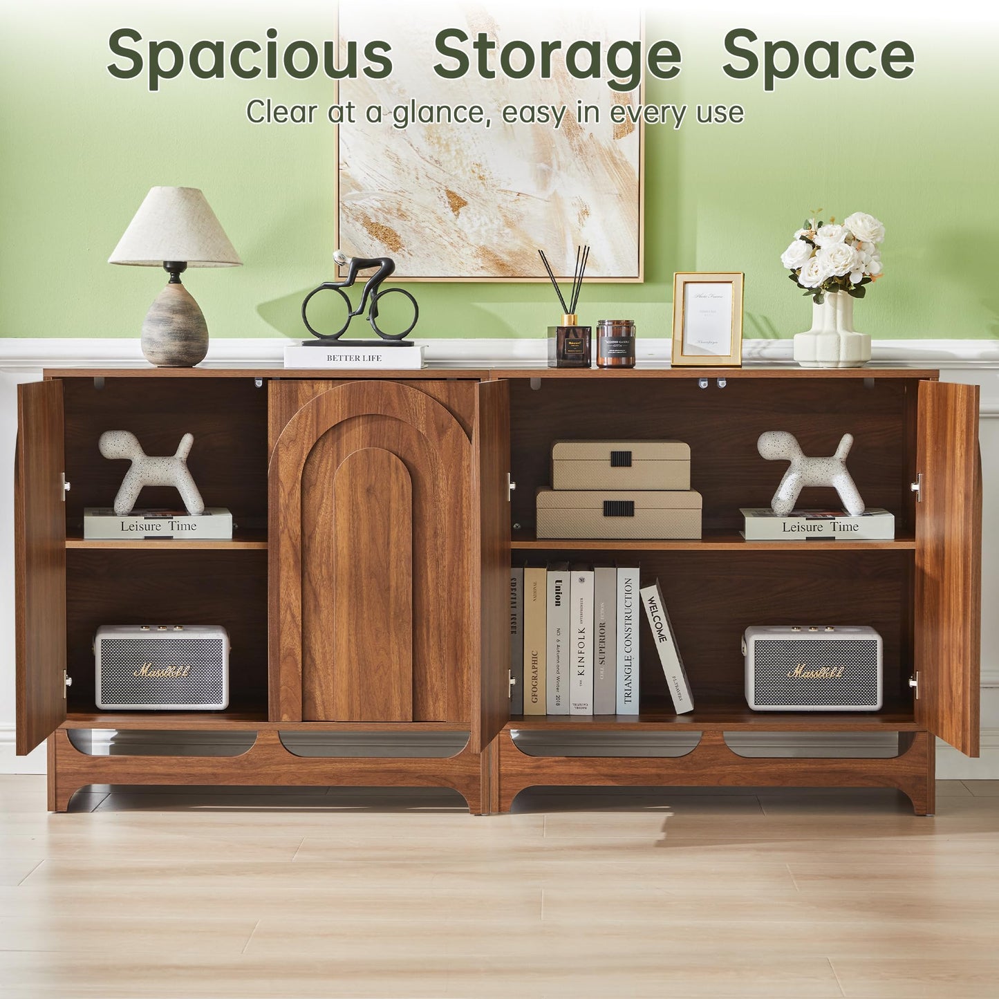 Bifins Modern Buffet Cabinet with Storage, 94.5" W Fluted Arched Sideboard Cabinet with Adjustable Shelves & Doors, Wooden Coffee Bar Storage Station for Dining Room, Kitchen, Living Room, Entryway