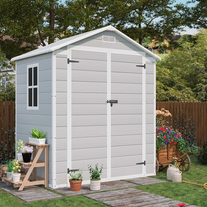 Patiowell 6x4 FT Resin Outdoor Storage Shed with Floor, Plastic Storage Shed with Lockable Door, Outside Shed Perfect to Store Patio Furniture, GardenTools Bike Accessories, Lawn Mower, Light Gray