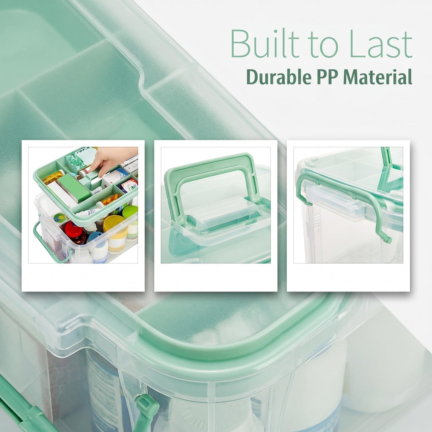 Goaste 15QT Clear Medicine Organizer Box with Handle, Plastic Medicine Container with Detachable Tray, Portable First Aid Bin Empty, Multipurpose Medical Storage Case for Home, Craft Supplies, Green