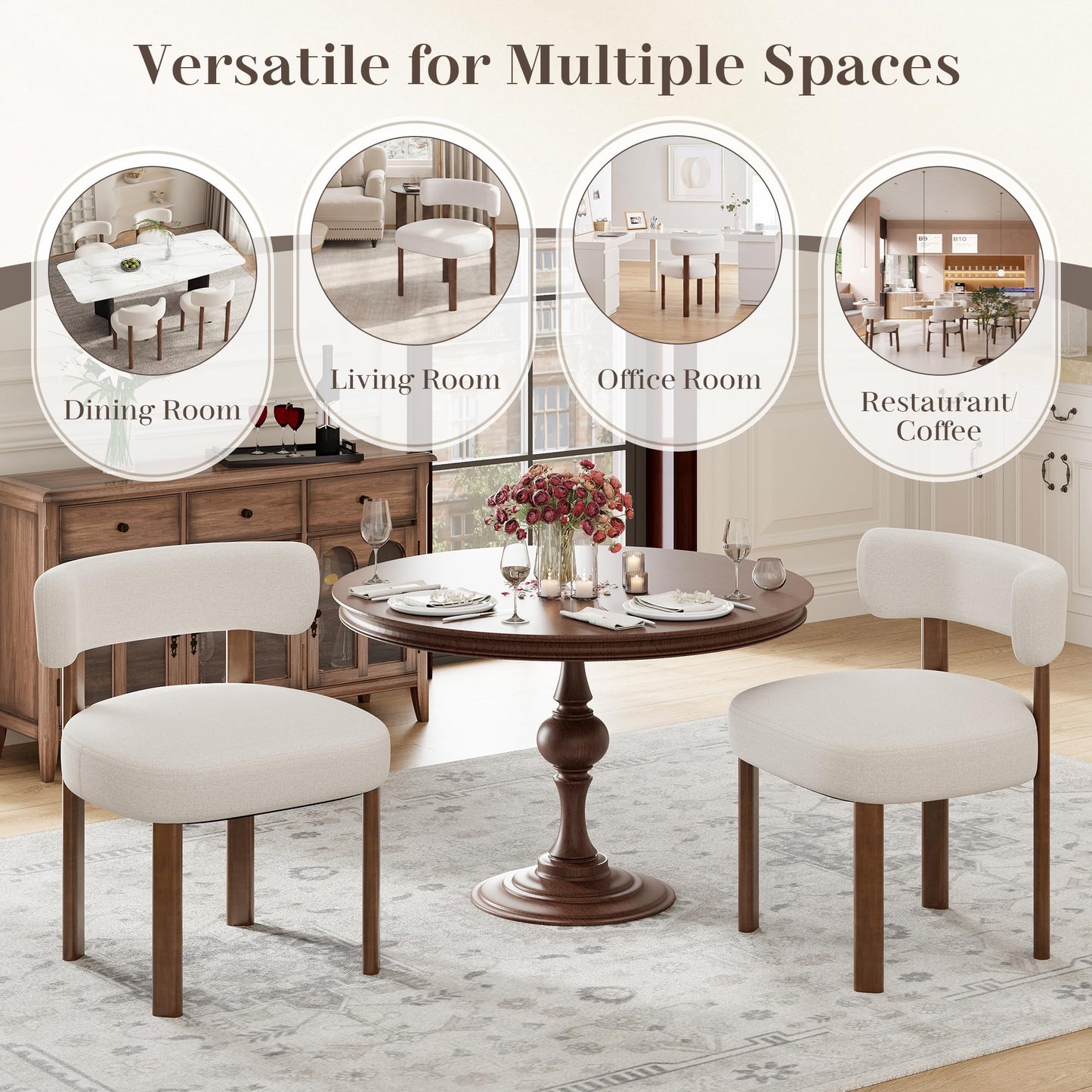 smartue Wooden Dining Chairs Set of 4, Upholstered Kitchen Chairs with Solid Wood Legs, Mid Century Dining Room Chair with Ergonomic Curved Backrest for Kitchen Dining Vanity, Beige