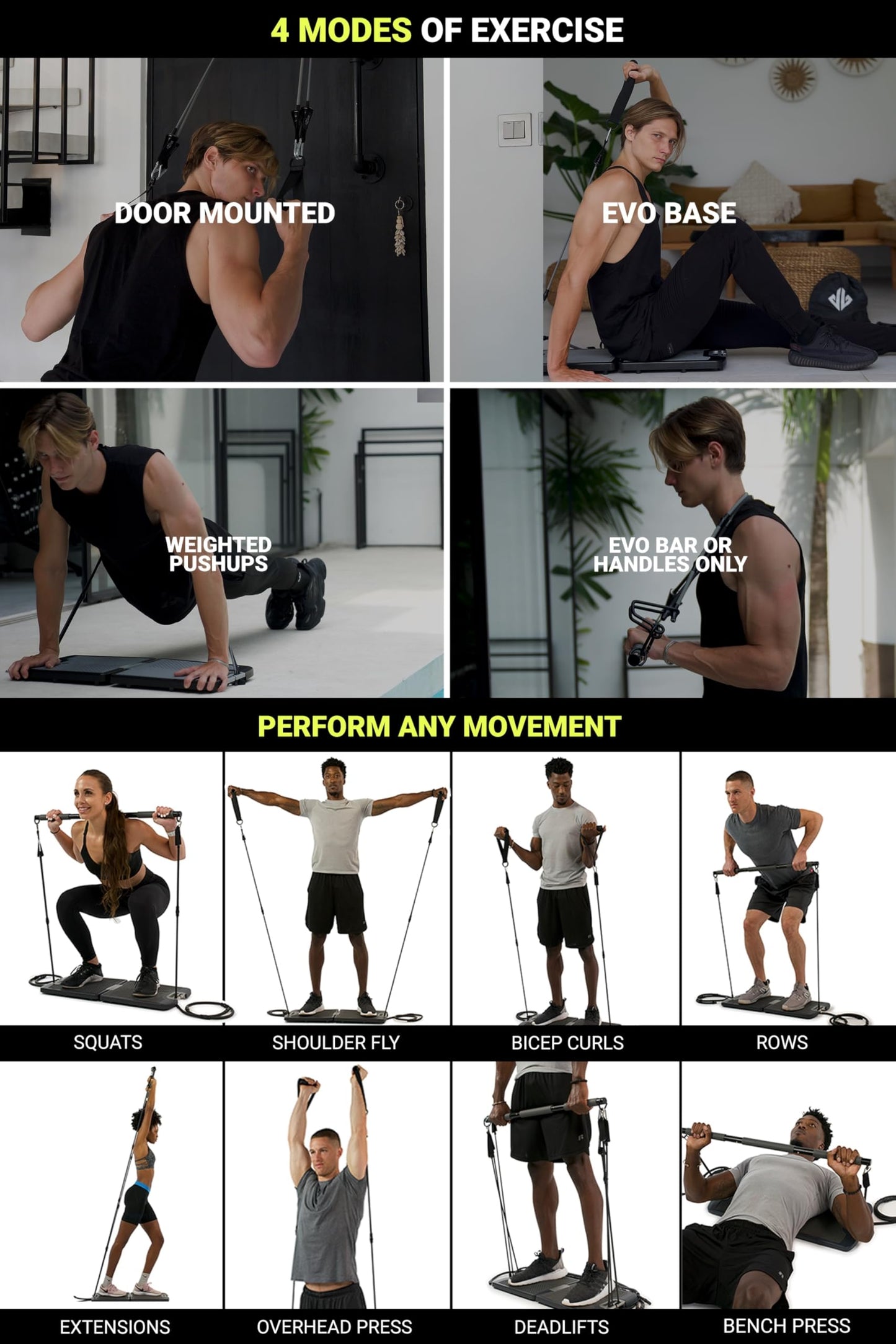 EVO Gym - Portable Home Gym Strength Training Equipment, At Home Gym | All in One Gym - 10 Resistance Bands, Base Holds Gym Bar & Handles for Travel | Portable Gym & Home Exercise Equipment | 320LBS