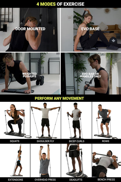 EVO Gym - Portable Home Gym Strength Training Equipment, At Home Gym | All in One Gym - 10 Resistance Bands, Base Holds Gym Bar & Handles for Travel | Portable Gym & Home Exercise Equipment | 320LBS