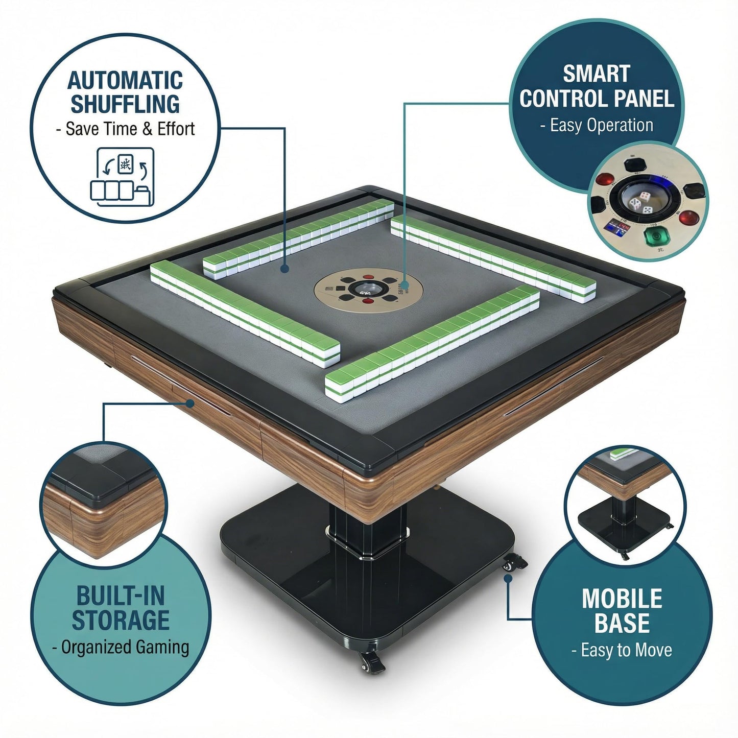 GDFStudio Foldable Ultra-Thin Automatic Mahjong Table with Wheels, Chinese and American Style 42mm Numbered Tiles with Hard Table Cover, 2 Sets Magnetic Tiles, Low Noise Shuffling, Brown