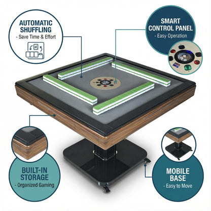 GDFStudio Foldable Ultra-Thin Automatic Mahjong Table with Wheels, Chinese and American Style 42mm Numbered Tiles with Hard Table Cover, 2 Sets Magnetic Tiles, Low Noise Shuffling, Brown