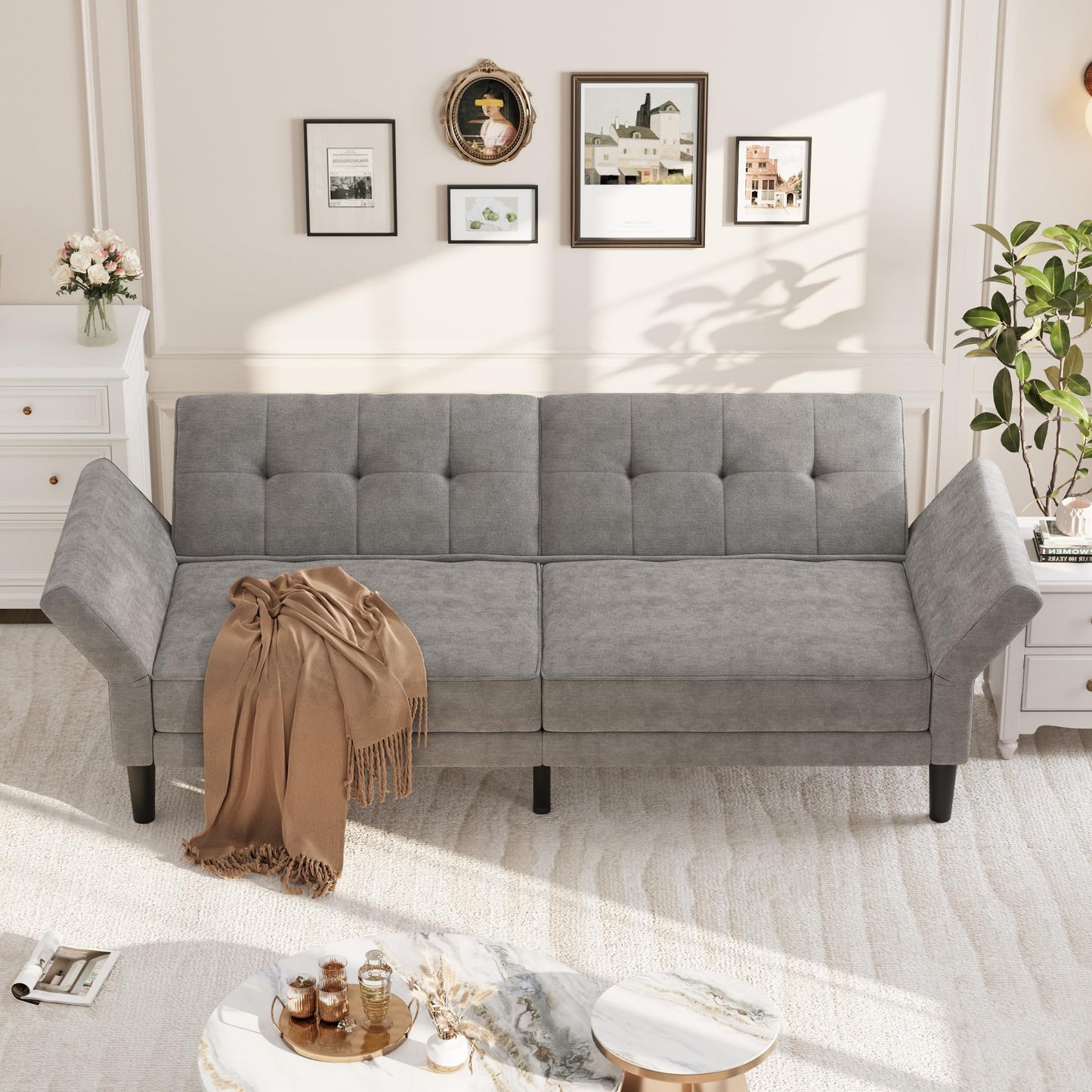 Garvee 89" Futon Sofa Bed, Modern Futon Couch Bed with Adjustable Backrest & Armrest, Comfy Convertible Sleeper Couch for Living Room Bedroom Apartment, Grey