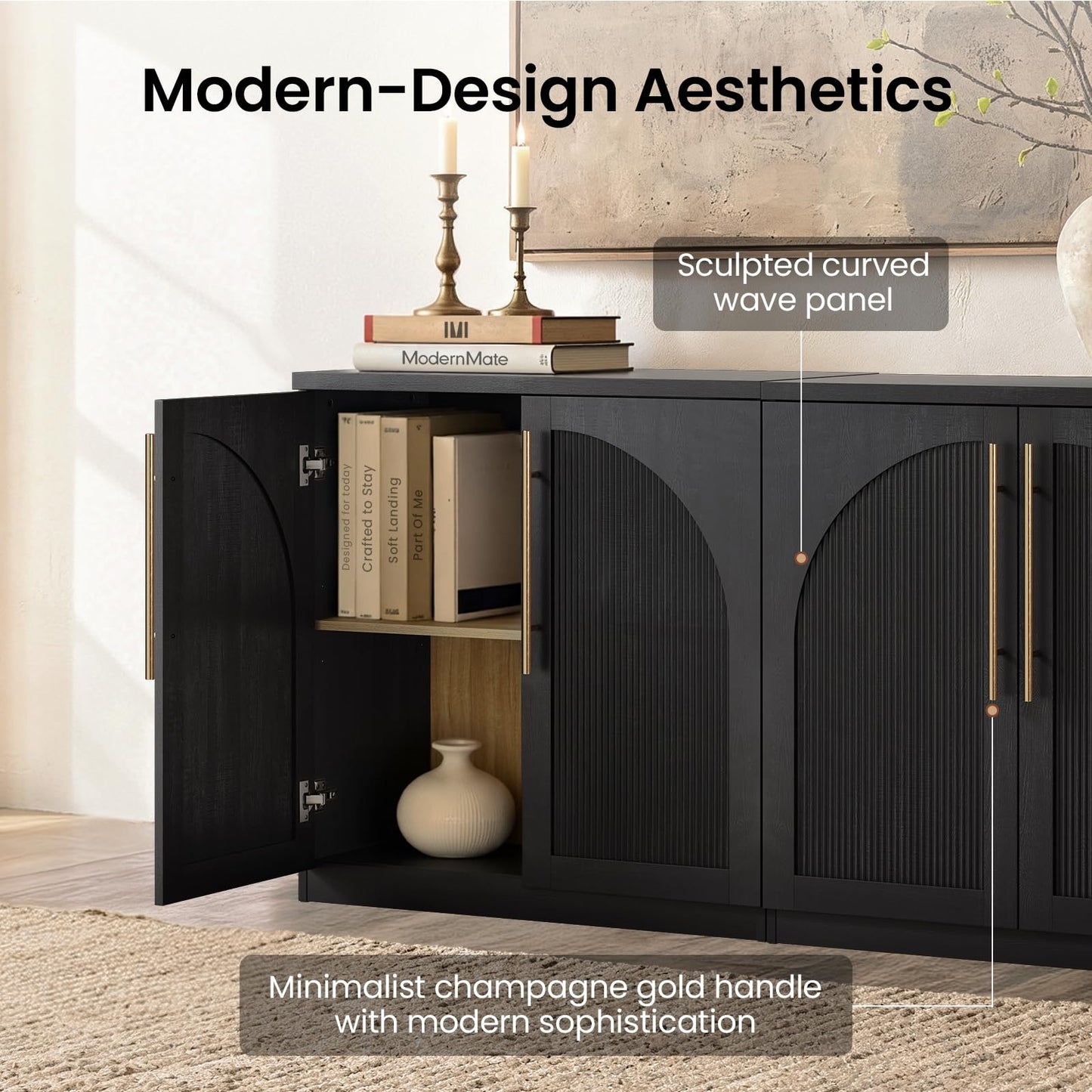 ModernMate Set of 2 Arched Sideboard Cabinets, 62" Modular Storage Buffet Table with Wave-Panel Doors, Black Wood Grain Media Console with Soft-Close Hinges for Living Room