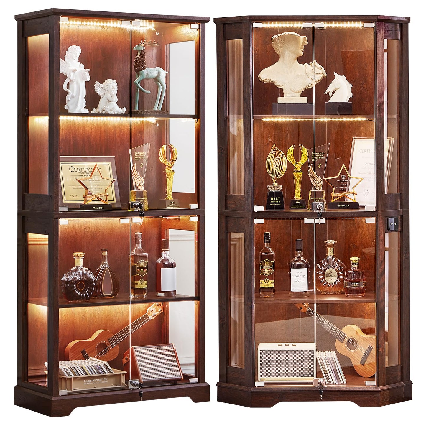 LELELINKY Farmhouse Glass Display Cabinet Set of 2 with Doors, Corner Curio Cabinet for Collectibles, Wooden Display Cabinets for Home, Office, Living Room, Corner, Walnut