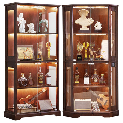 LELELINKY Farmhouse Glass Display Cabinet Set of 2 with Doors, Corner Curio Cabinet for Collectibles, Wooden Display Cabinets for Home, Office, Living Room, Corner, Walnut