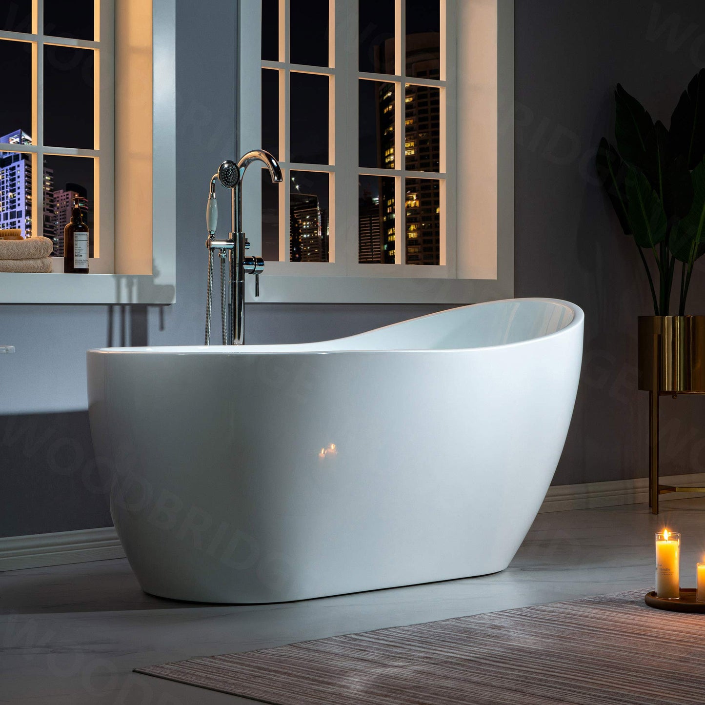 WOODBRIDGE 59" Acrylic Freestanding Bathtub Contemporary Soaking White Tub with Brushed Nickel Overflow and Drain，B-1530 -B/N-Drain &O