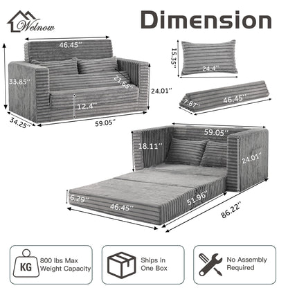 Welnow Double Convertible Sofa Bed with Multi-Function Triangle Ottoman, 59" Boneless 2-in-1 Foldable Loveseat Couch, Fold-Out Sleeper Lounge for Small Apartments, Dorms, Guest Rooms, Grey