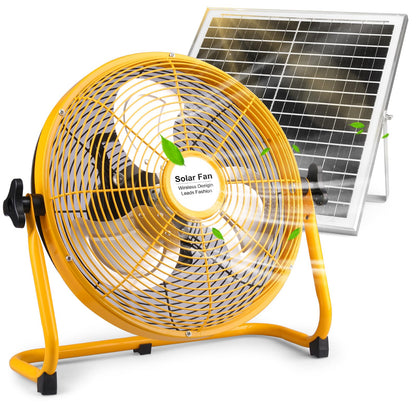 12'' Solar Powered Floor Fan Rechargeable, Long Lasting Portable Battery Operated Floor Fans with 12 Speeds, 20W Panel & AC Charging, 360° Tilt for Outdoor Camping, Chicken Coop, Garage (Yellow)