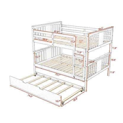 Ball & Cast Full Over Full Bunk Bed with Twin Size Trundle and Ladder,Wood Bunkbed w/Slat Support & Full-Length Guard Rail,Space Saving,Bedframe Furniture for Student Dorms,Studio,Gray