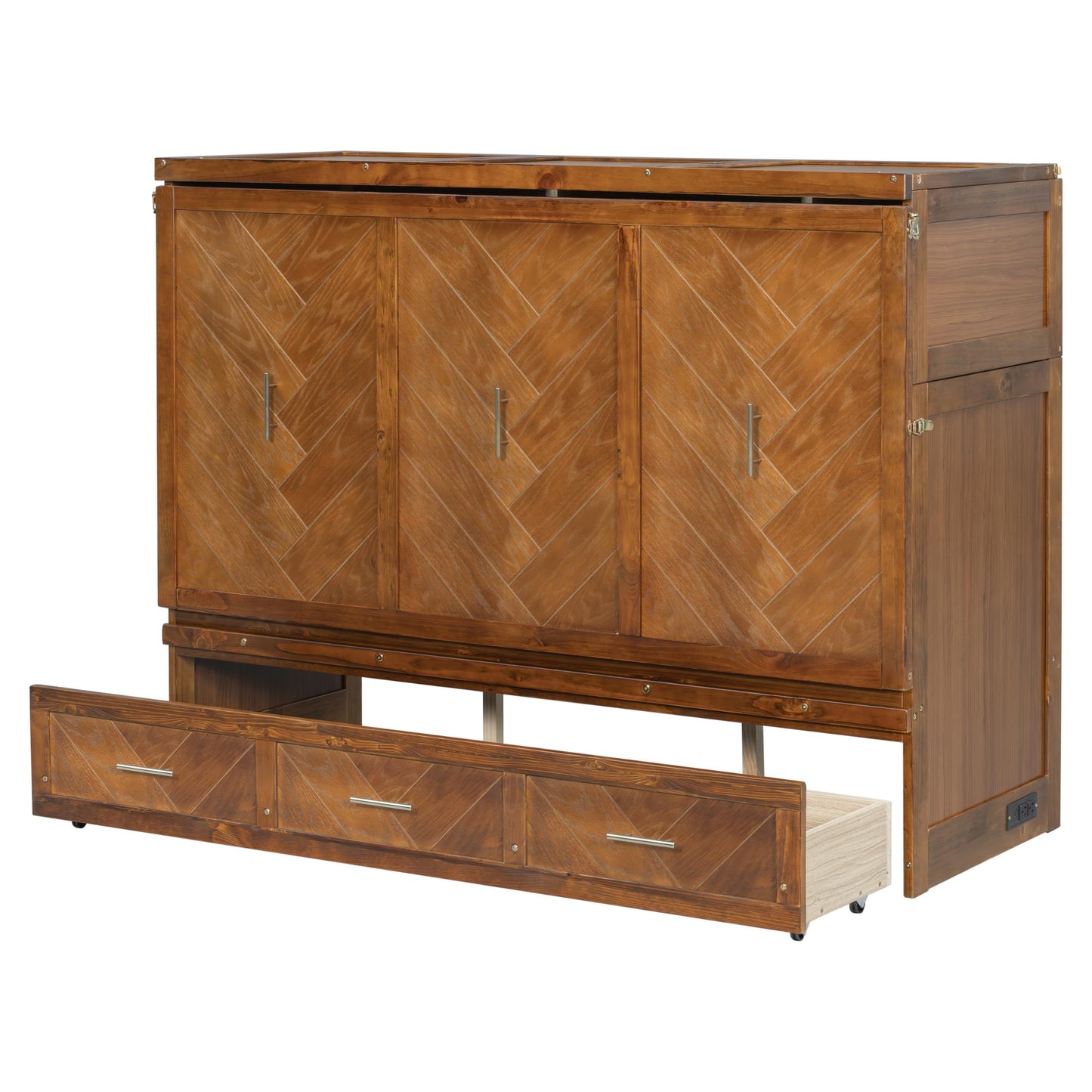 KEIKI Queen Murphy Bed Cabinet with Charging Station & Geometrical Panel, Pine Wood Hideaway Bed Frame with Large 3-Compartment Drawer, 2-in-1 Space-Saving Convertible for Guest Bedroom Studio Walnut