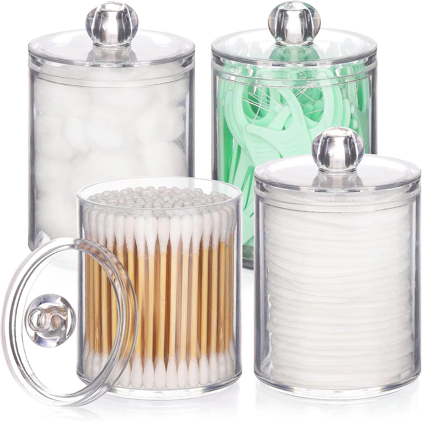 Tbestmax Qtip Holder Set - Clear Plastic Apothecary Jars for Bathroom Organization | 4 Pack