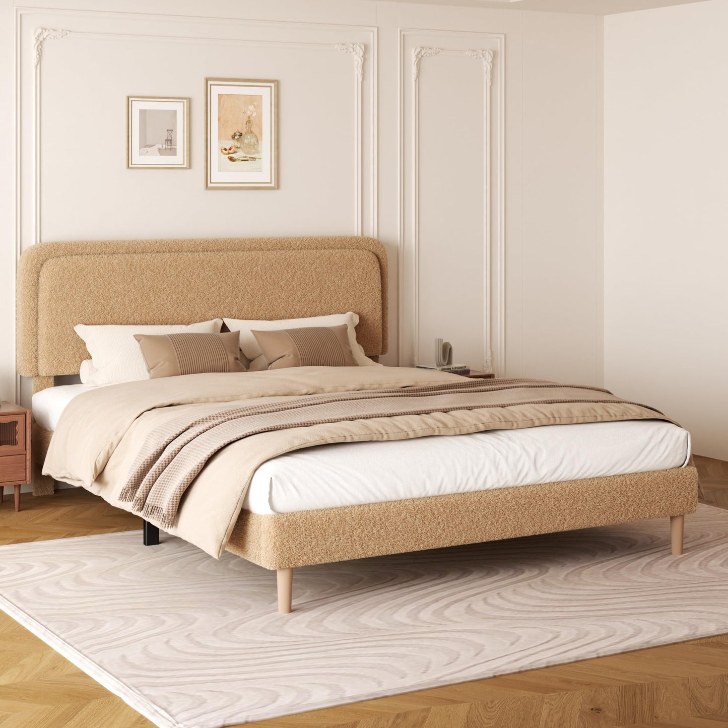 viplov King Size Boucle Upholstered Platform Bed Frame with Adjustable Headboard, Soft Cloud Bed, No Box Spring Needed, Noise Free, Easy Assembly, Brown