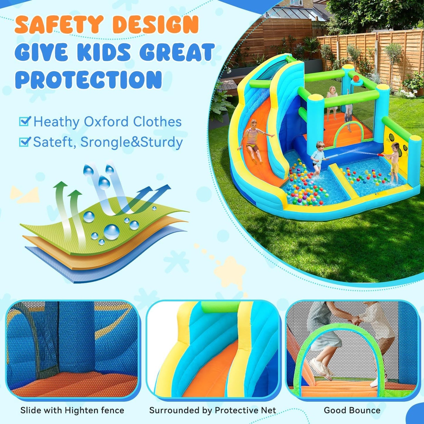 FBSPORT Inflatable Bounce House, Water Slide Park Slide Bouncer with Ball Shooting, Climbing Wall, Jumping and Splash Pool, Kids Bouncy Castle with 450W Air Blower for Outdoor Backyard