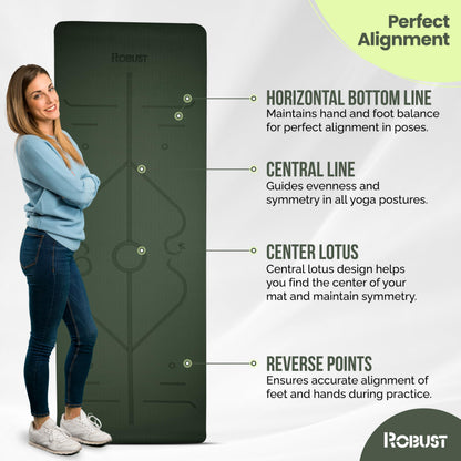 Robust Non-Slip Yoga Mat with Strap, 1/4" Thick TPE Eco-Friendly Workout Mat for Yoga with Position Lines and Texture Surface, Gym Mat for Women, Men, Pilates and Exercises Anti-Tear Sweat-Proof Exercise Mat