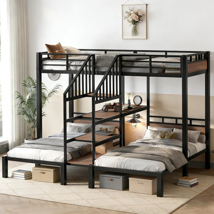 Bellemave Metal Twin Over Twin Over Twin Bunk Beds for 3 Kids, Heavy Duty Triple Bunk Bed Frame with Stairs and Storage Shelf,3 Bed Bunk Beds,Twin Size Triple Bed,Black