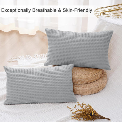 PHF 100% Cotton Waffle Weave Lumbar Pillow Cover, 12" x 20", 2 Pack, Light Grey