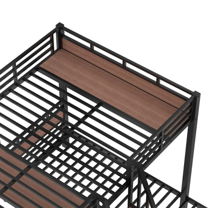 Bellemave Queen Over Twin Over Twin Bunk Bed with Stairs and Storage Shelf, Heavy Duty Triple Bunk Beds with Safety Guardrails, Metal Triple Bunk Bed Frame for 3 Kids, Teens, Black