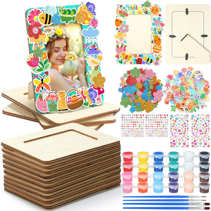 Gerrii 12 Pack Spring Picture Frame Painting Craft Kit Unfinished Wooden Photo Frame for 3 x 5 in Photos with Stickers Painting Tools Set for Graduation Birthday Home DIY Craft