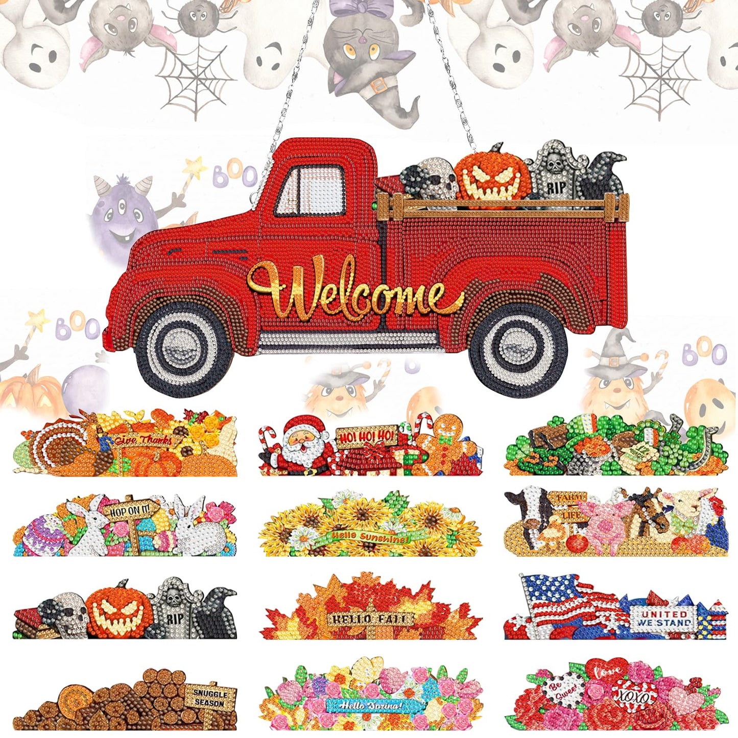 APCGSM 13PCS Interchangeable Diamond Painting Welcome Sign for Front Door Holiday Decor Red Truck Hanging Sign DIY Diamond Art Kits for Adults Interchangeable Seasonal Decor for Home Wall Farmhouse