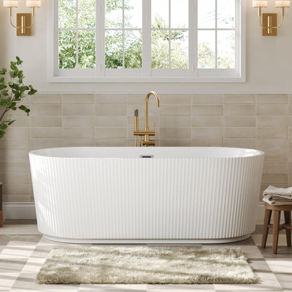 DeerValley 67" Acrylic Freestanding Bathtub, Easy Install Standalone Deep Soaking Tub with Fluted Design, Modern Ergonomic Shower Tub with Center Drain in White, DV-1T0583