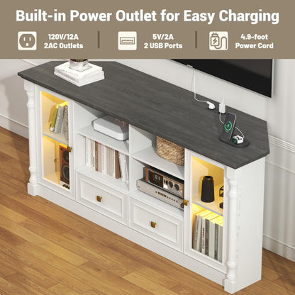 Corner TV Stand for 55 60 65 Inch TVs, Farmhouse Entertainment Center with 2 Storage Drawers and 2 Display Cabinet & Power Outlet and LED Lights, Wood TV Console Table for Living Room, Bedroom, White