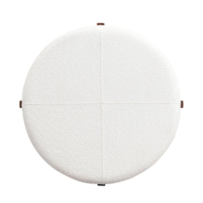 Christopher Knight Home Holmes Modern Boulce Upholstered Ottoman Coffee Table, Wooden Round Cocktail Ottoman, Large Living Room Sofa Footstool/Footrest, White+Walnut