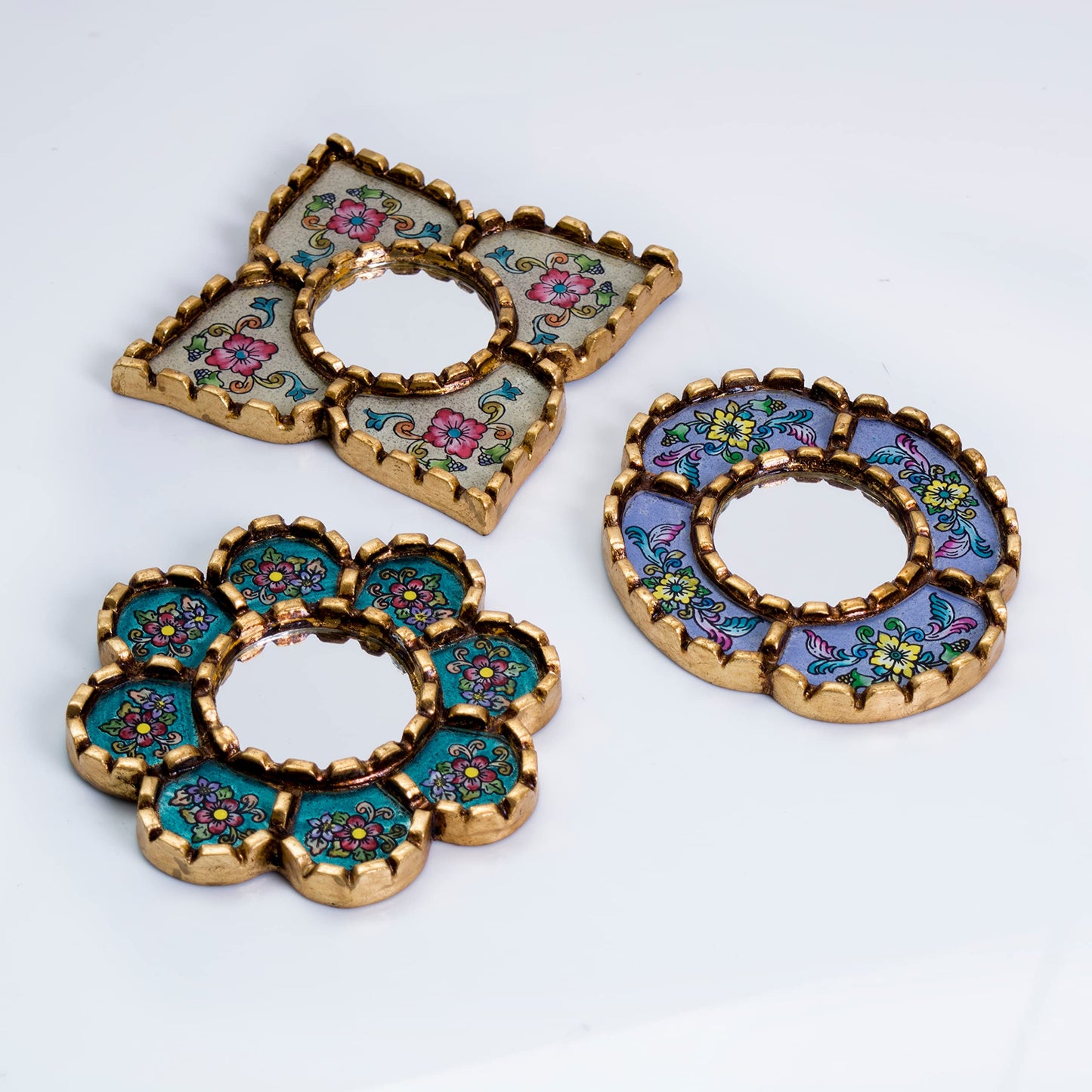 DECORCONTRERAS Artisan Handcrafted Wall Mirror Set, 3 Floral Shape Mirrors, Bronze Finish Frame, Turquoise Purple Beige Glass
