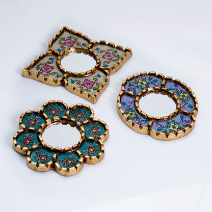 DECORCONTRERAS Artisan Handcrafted Wall Mirror Set, 3 Floral Shape Mirrors, Bronze Finish Frame, Turquoise Purple Beige Glass