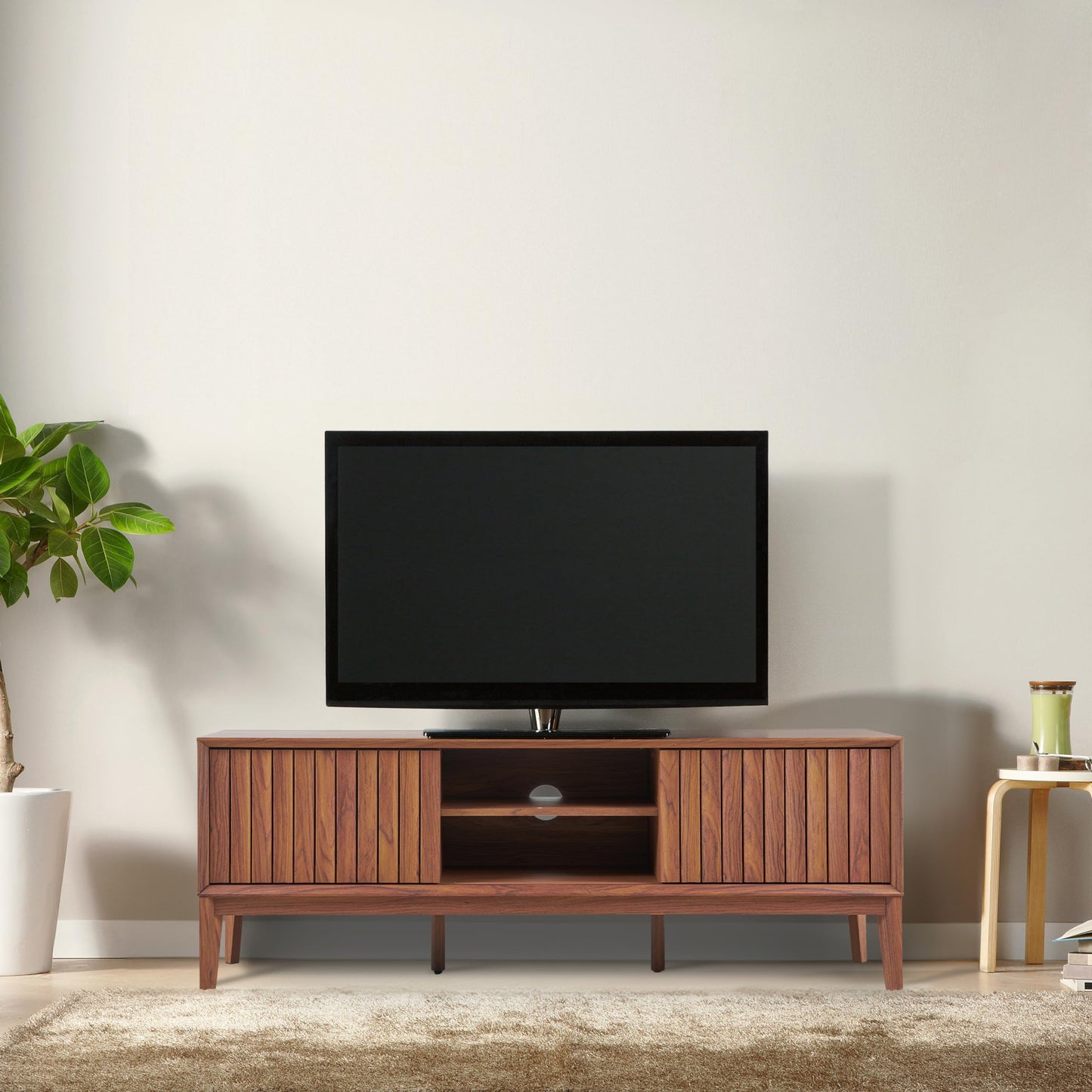 JONATHAN Y Gennaro 58" Mid-Century Wood TV Stand Media Console with Slatted Sliding Doors, Entertainment Center for Living Room with Adjustable Shelves and Cable Management, Walnut TVS1000B