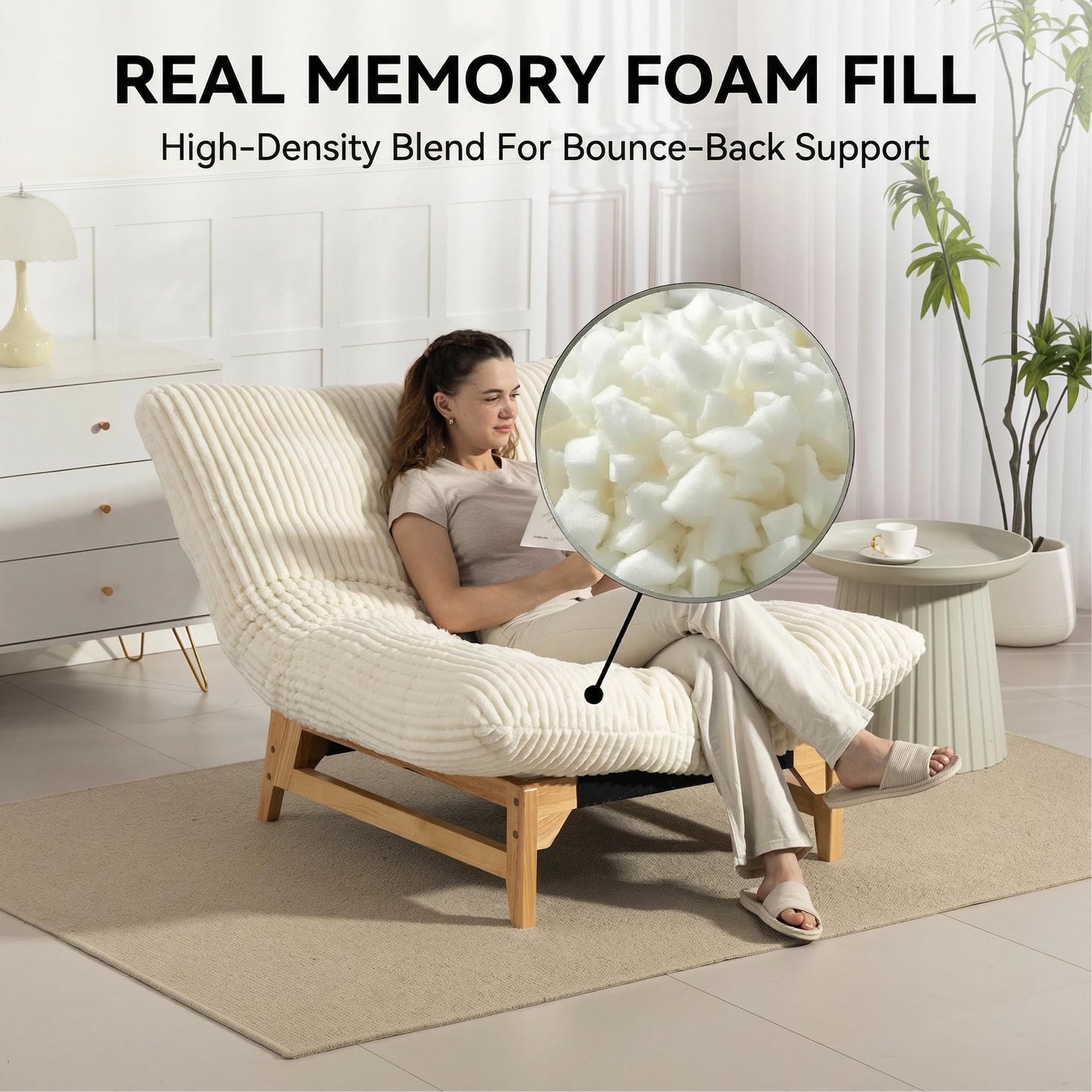 Vipuno Corduroy Bean Bag Chair for Adults, Comfy Accent Chair for Living Room, Armless Lazy Sofa with Back Support, Ergonomic Floor Lounge Chair for Bedroom, Single Seat, Off White