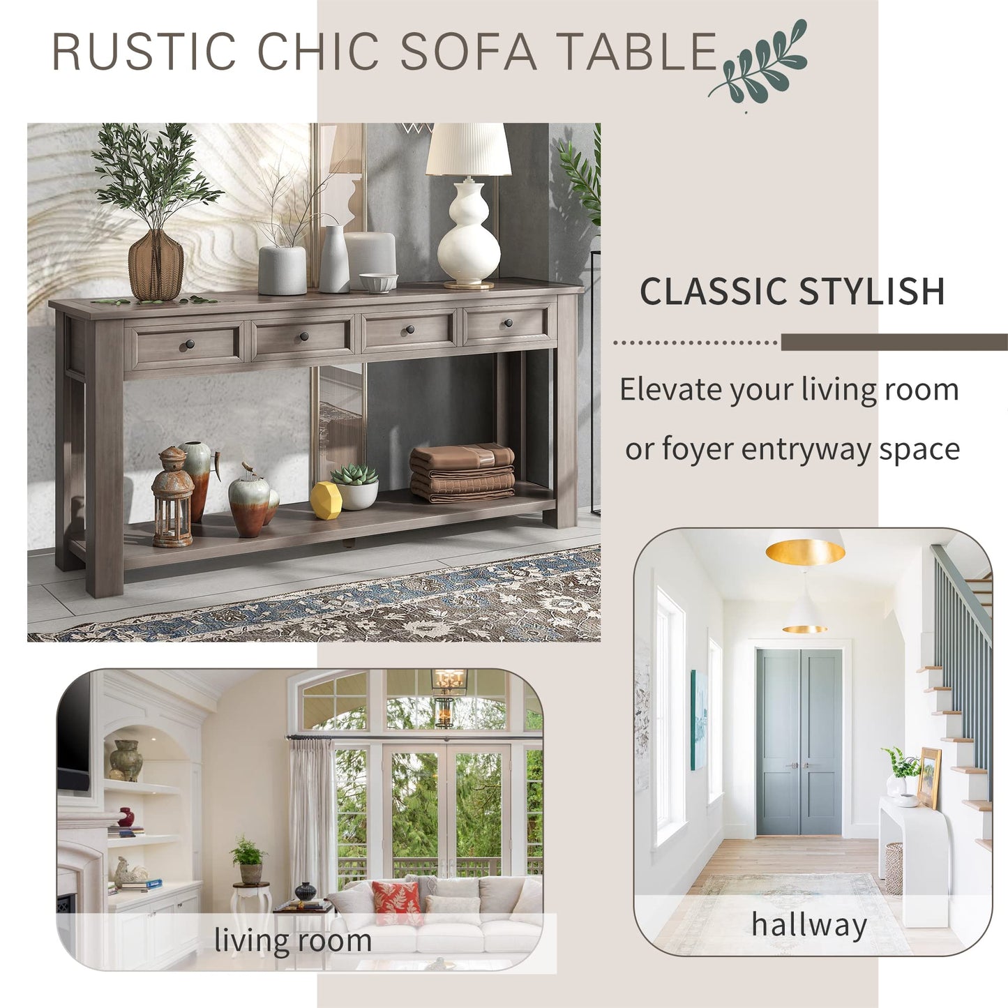 Brisca Solid Wood Console Sofa Table with 4 Drawers and Tabletop,Bottom Shelf for Entryway Hallway or Living Room,Space Saving,Easy to Assemble,Gray Wash,63" L×14" W×30" H