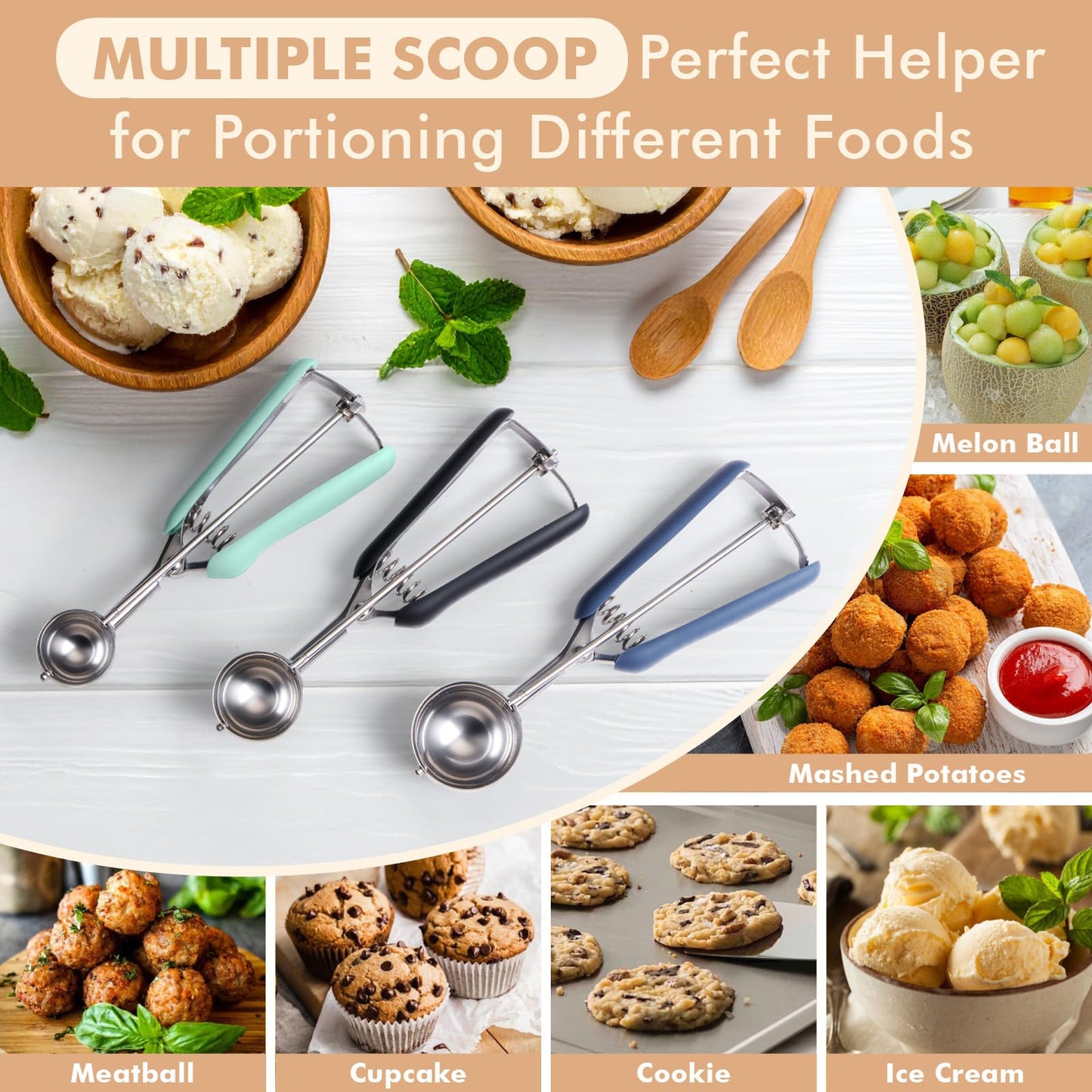 SUNNORN Cookie Scoop set, Cookie Scoops for Baking Set of 3, Size #60/ #40/ #20, Cookie Dough Scoop, Non-Slip Grip, Blue/Black/Mint Handle, For Cookies Muffin Cupcake Meatball Ice Cream