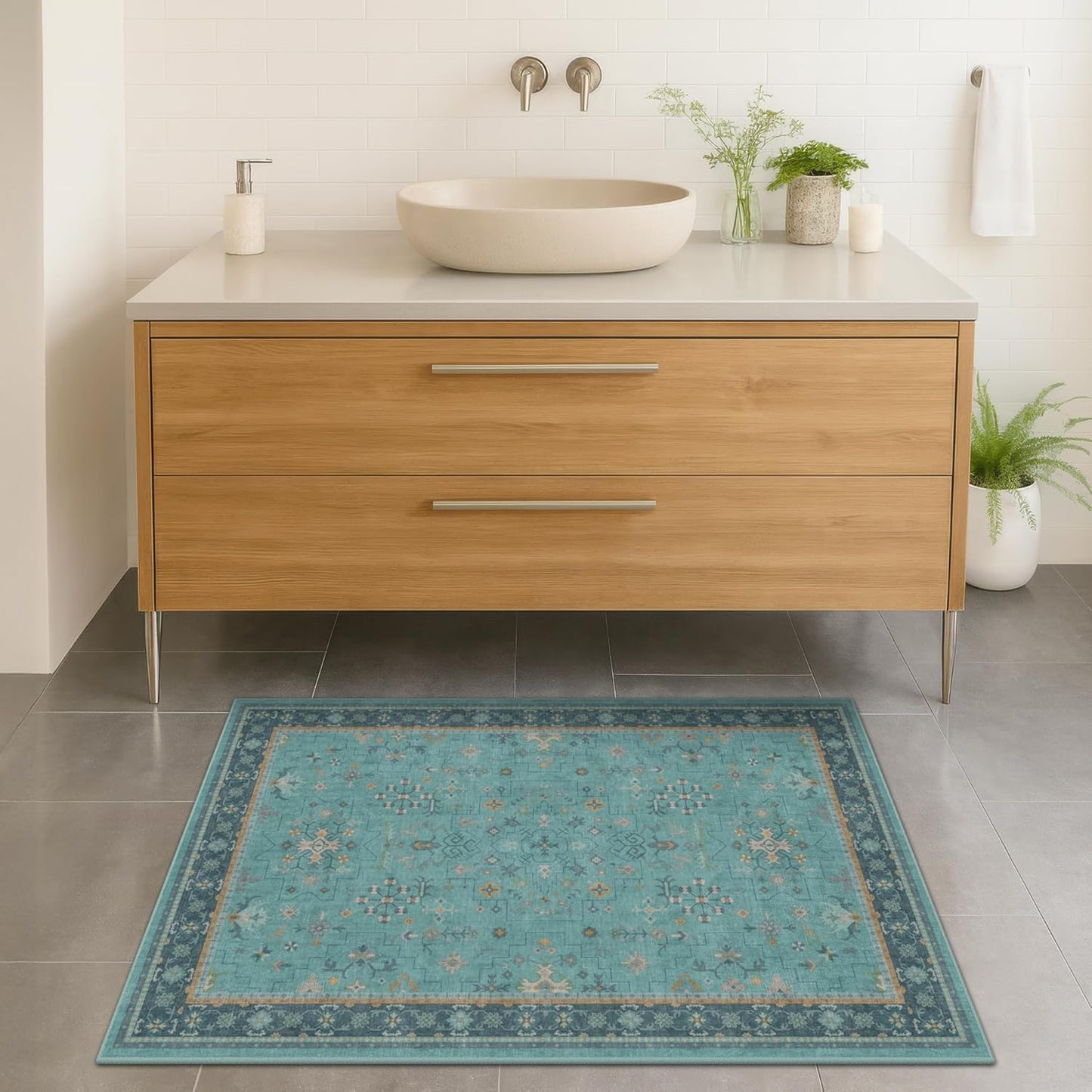 Skiennix Washable Teal Throw Rugs - Non-Slip Boho Floral Indoor Carpet for Entryway & Bathroom | Small Size, Stain & Fade Resistant