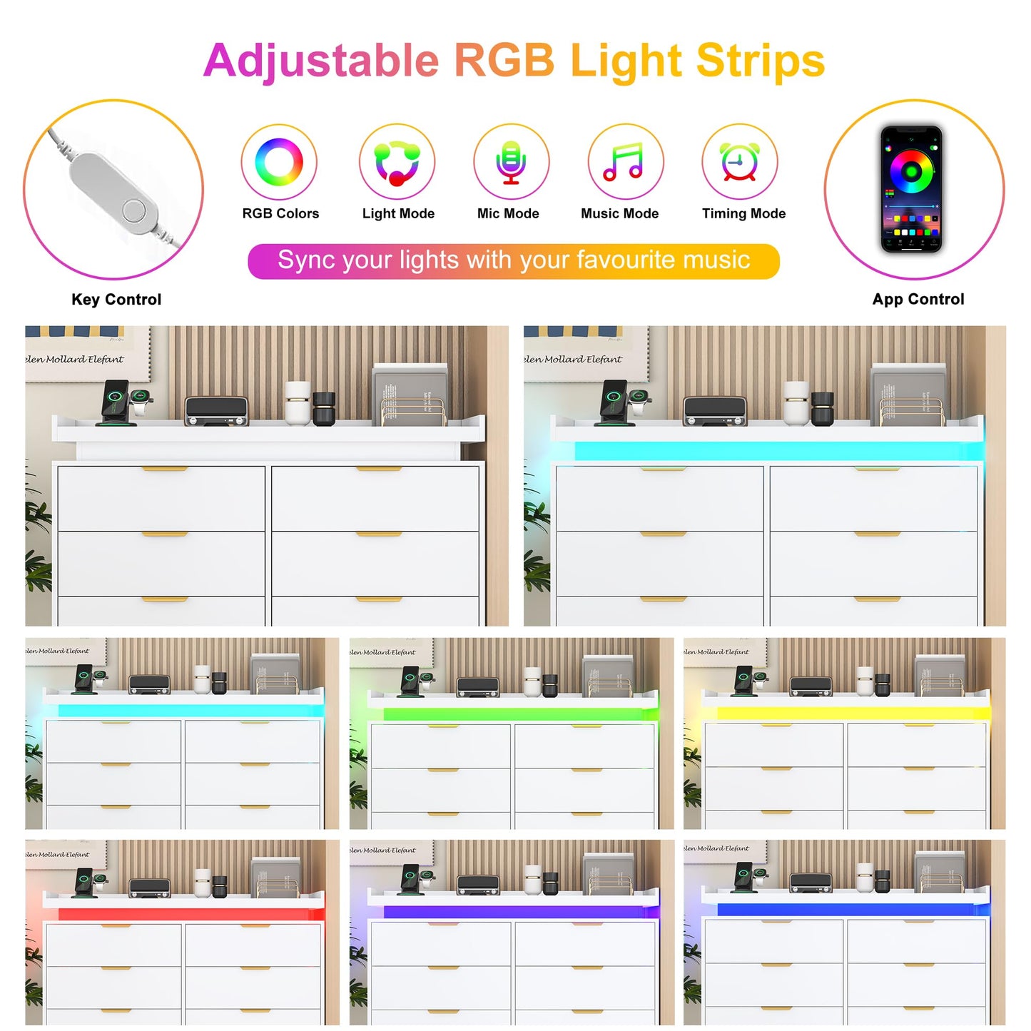 knoworld 8 Drawer Dressers for Bedroom, White Dresser with LED Lights and Power Outlet, Wood LED Dresser, Double Wide Modern Chest of Drawers for Bedroom, Entryway, Hallway
