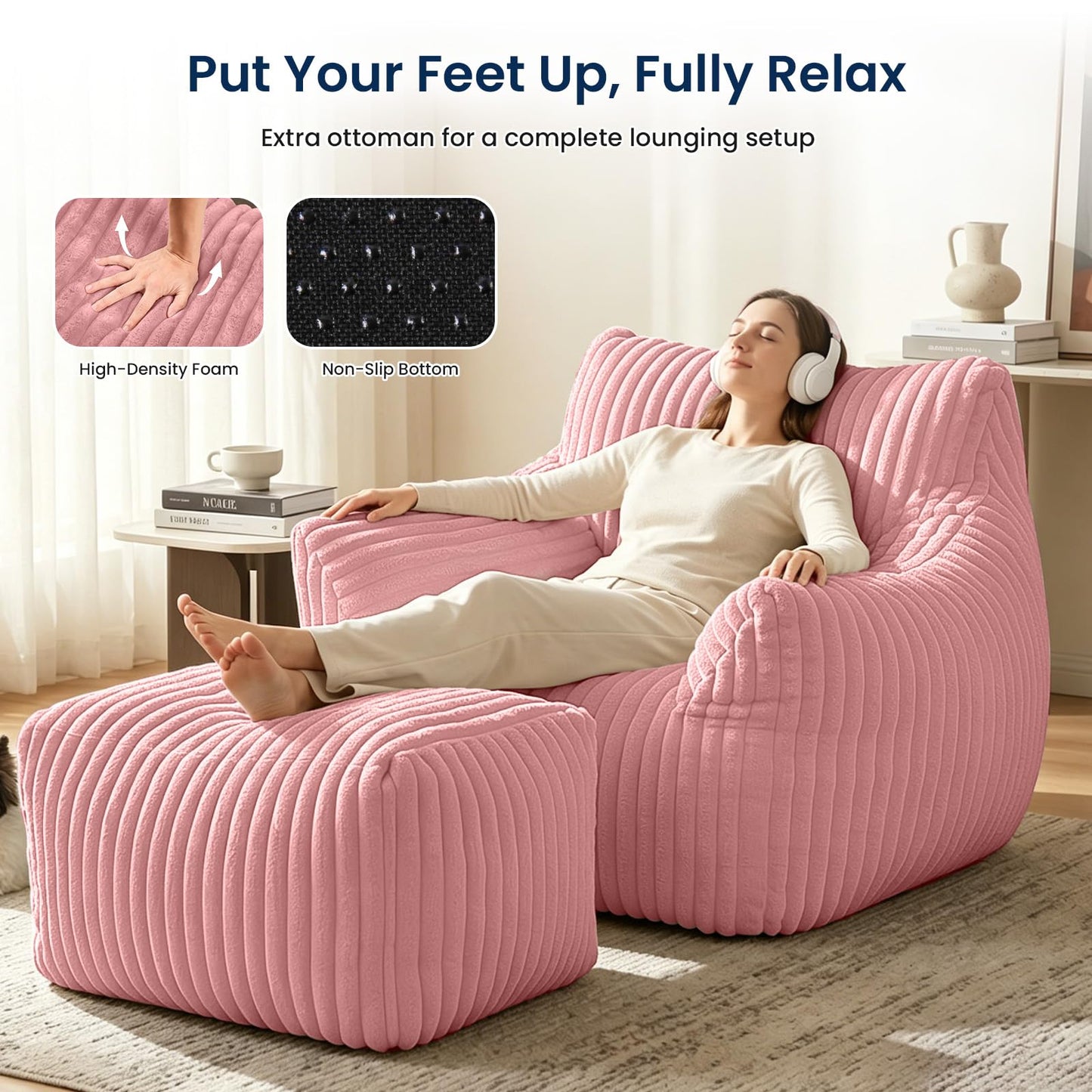 Giant Bean Bag Chair with Footstool for Adults, Fluffy Boneless Lounge Sofa Chair, Superior Large Reading Floor Sofa Bed, Oversized Accent Comfy Couch for Living Room, Bedroom (Pink, with Ottoman)