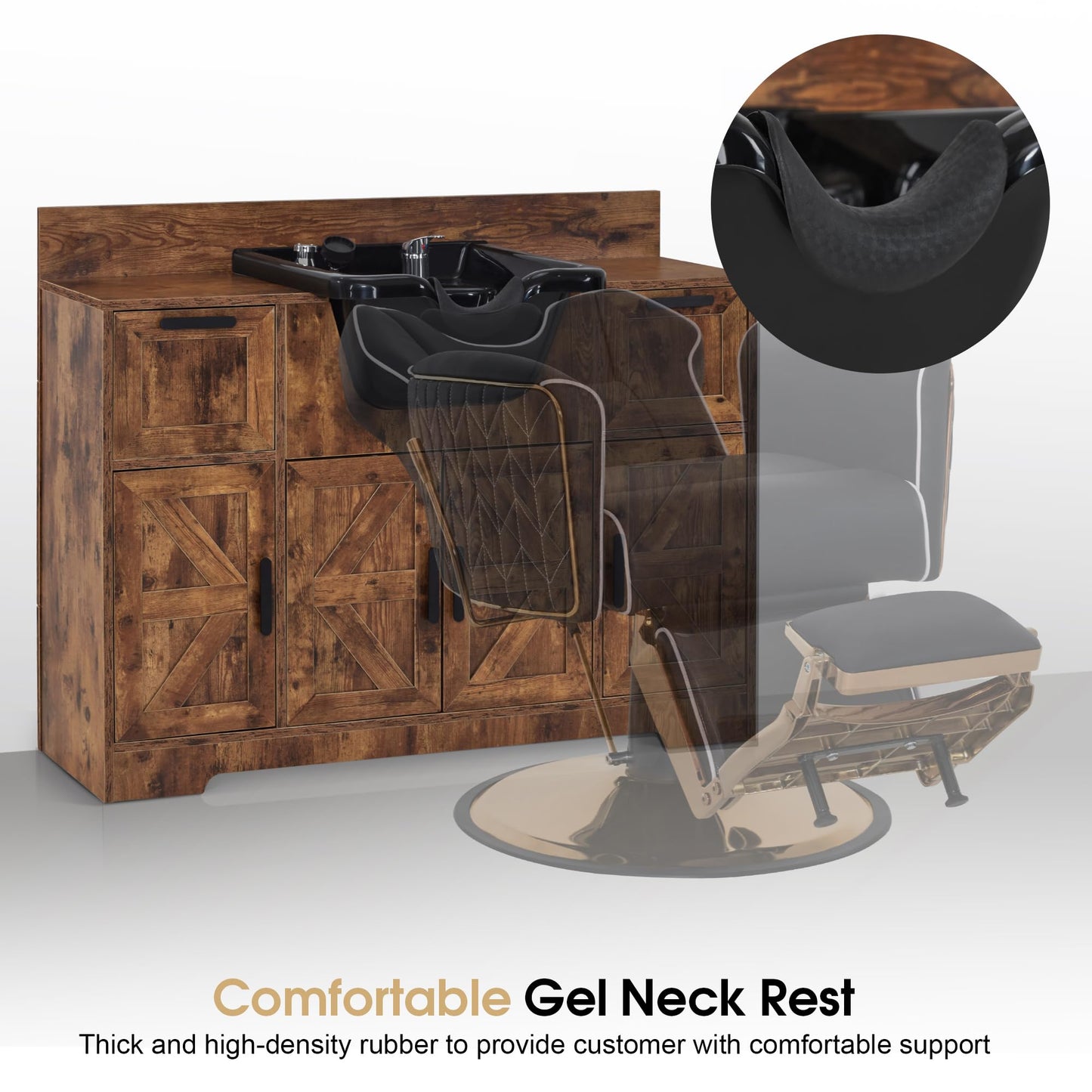 BarberPub Portable Shampoo Station, Shampoo Bowl with Cabinet & Drawer, Salon Geometric Finish Station with Sprayer Faucet, Barber Storage Equipment with Hair Wash Backwash Sink 3439 (Rust Brown)