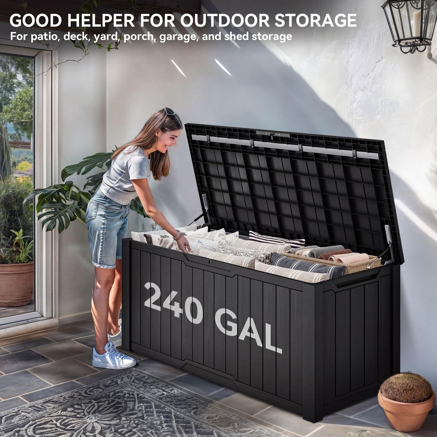 YITAHOME XXL 240 Gallon Large Outdoor Storage Deck Box for Patio Furniture, Outdoor Cushions, Garden Tools and Sports/Pools Equipment, Weather Resistant Resin, Lockable (Black)