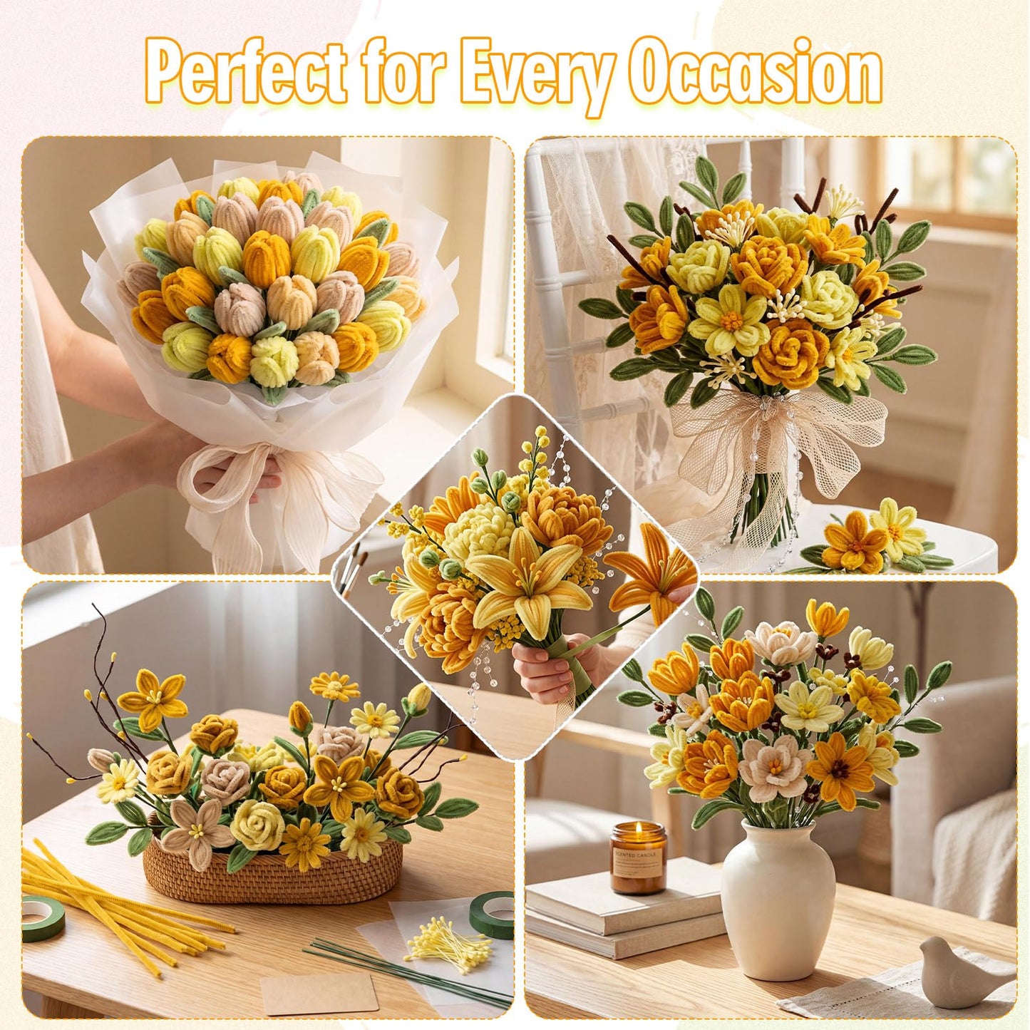 Rivvlive Pipe Cleaner Flower Kit, 1500 Pcs Pipe Cleaners Craft Chenille Stems Bulk with Floral Wires DIY Bouquets Gardening Tape Stamen Ribbon Beads for Art Craft Supplies Gift (Yellow Set)
