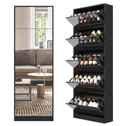 Organizedlife Shoe Storage Cabinet with Full Length Mirror, 30 Pairs & 5 Flip Drawer, Free Standing Shoe Rack Cabinet, Narrow Shoes Organizer for Front Door, Entryway (2-Shelf of Drawers, Black)