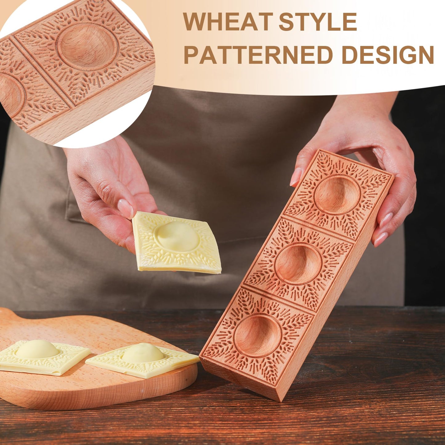 Triple Ravioli Molds Wooden Pasta Ravioli Board Double Sided Sunburst & Wheat Pattern Ravioletti Moulds Wood Pasta Raviolini Maker Molds Handmade 2 in 1 Ravioli Mold Press Maker Kitchen Fresh Pasta