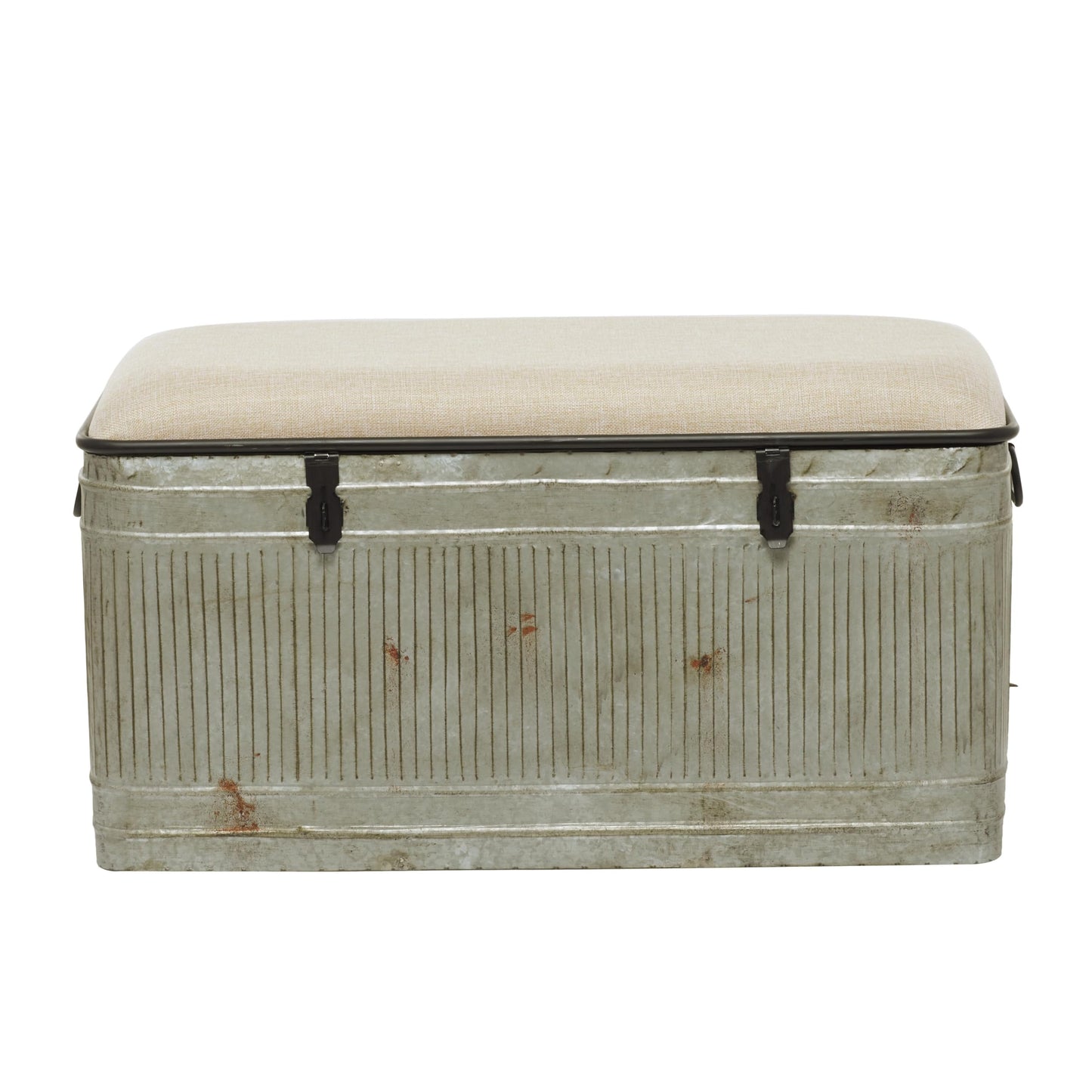 Deco 79 Metal Room Storage Bench Galvanized Entryway Bench with Cream Burlap Top and Black Latches, Bench 38" x 16" x 19", Gray