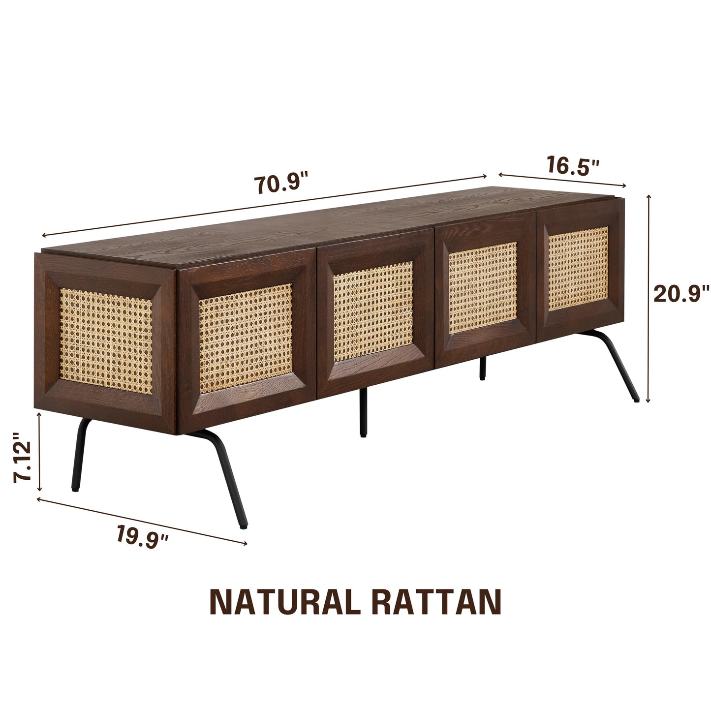 NTC Mossic TV Media Cabinet with 4 Doors for TVs, Entertainment Center with Natural Rattan, Metal Legs, Modern Storage Console for Living Room and Bedroom, Effortless Assembly, Dark Walnut