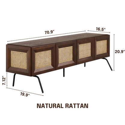 NTC Mossic TV Media Cabinet with 4 Doors for TVs, Entertainment Center with Natural Rattan, Metal Legs, Modern Storage Console for Living Room and Bedroom, Effortless Assembly, Dark Walnut