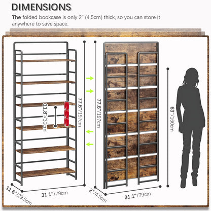 4NM No Assembly Extra Wide 6 Tiers Folding Bookshelf Storage Shelves Vintage Bookcase Standing Racks Study Organizer Home Office (Rustic Brown Black)