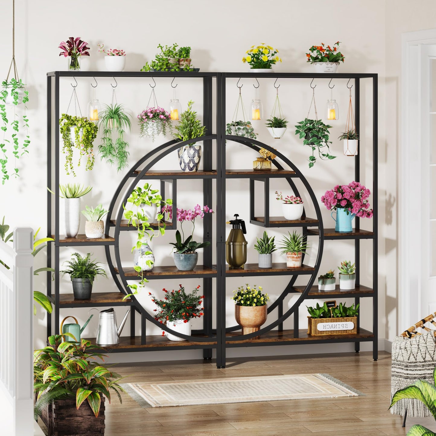 Tribesigns 7 Tier Indoor Plant Stand, 70.9" Tall Half Moon Shaped Plant Shelf with 6PC S Hanging Hooks, Industrial Large Flower Pots Display Rack for Home Garden, Balcony, Patio (Brown-2PC)